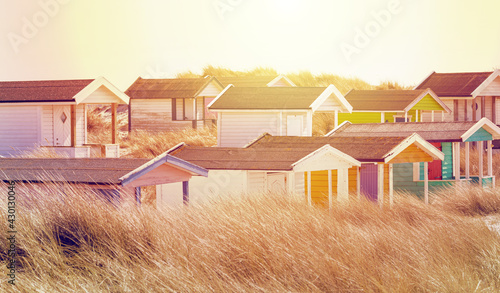 Beach huts, colourful wooden houses on the beach. North Sea, Falsterbo, Skane, Sweden