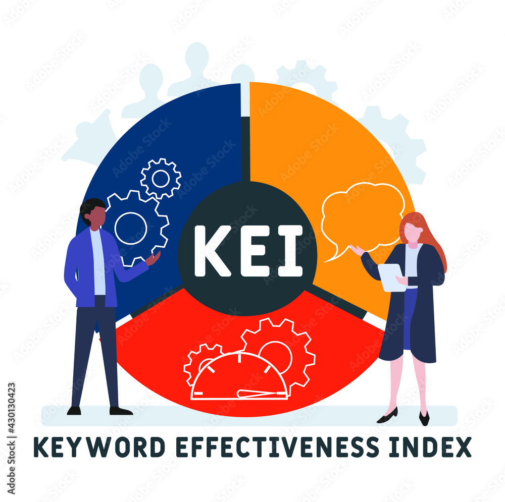 Flat design with people. KEI - Keyword Effectiveness Index acronym. business concept background. Vector illustration for website banner, marketing materials, business presentation, online advertising Flat design with people. KEI - Keyword Effectiveness Index acronym. business concept background. Vector illustration for website banner, marketing materials, business presentation, online advertising