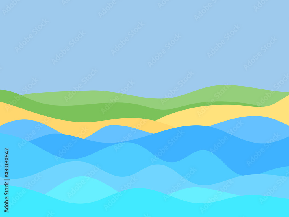 Seashore in a minimalistic style. Wavy landscape from the sea to the shore. Waves and beach in a flat style. Boho decor for prints, posters and interior design. Vector illustration Seashore in a minimalistic style. Wavy landscape from the sea to the shore. Waves and beach in a flat style. Boho decor for prints, posters and interior design. Vector illustration