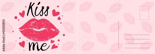 Kiss me card. Romantic postcard with sexy red lips, hearts and calligraphy text, valentines letter template, modern glamour design, invitation and greeting vector cartoon illustration