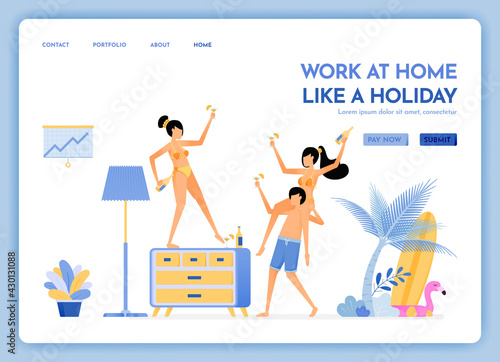 travel website with theme of work at home like holiday. travel to tropical island beaches and keep working via internet. Vector design can be used for poster, banner, ads, website, web, mobile, flyer