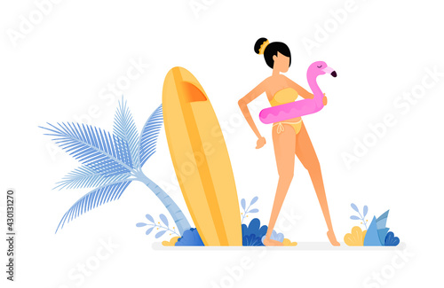 holiday illustrations of woman tries to flamingo buoy and gets ready to swim. surfing board stuck near on coconut tree. vector design can be for posters, banners, ads, websites, web, mobile, marketing