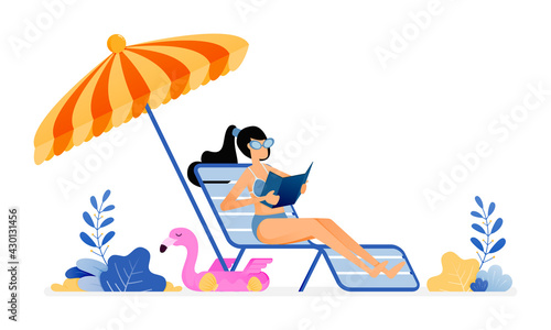 happy vacation illustration of woman sunbathing and enjoying a holiday by beach in peace. umbrellas and sun loungers. Vector design can be used for poster, banner, ad, website, web, mobile, marketing