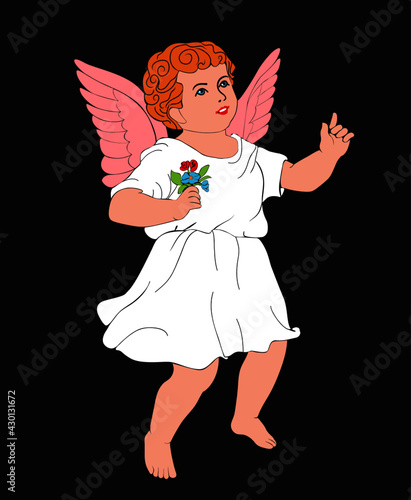 Angel child with wings in a white shirt with a bouquet of flowers. Vector illustration