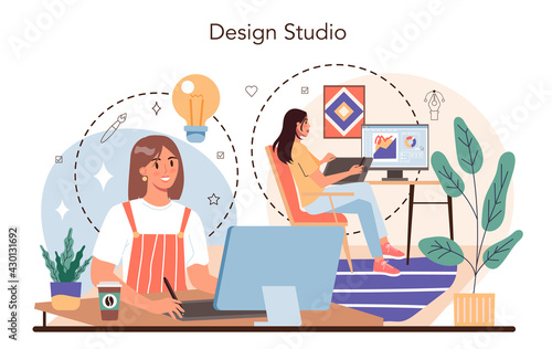 Design studio concept. Advert designer or graphic illustrator. Artist creating