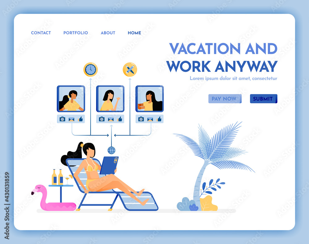 travel website with the theme of vacation and work anyway. virtual meeting on beach with internet service on vacation. Vector design can be used for poster, banner, ads, website, web, marketing, flyer travel website with the theme of vacation and work anyway. virtual meeting on beach with internet service on vacation. Vector design can be used for poster, banner, ads, website, web, marketing, flyer