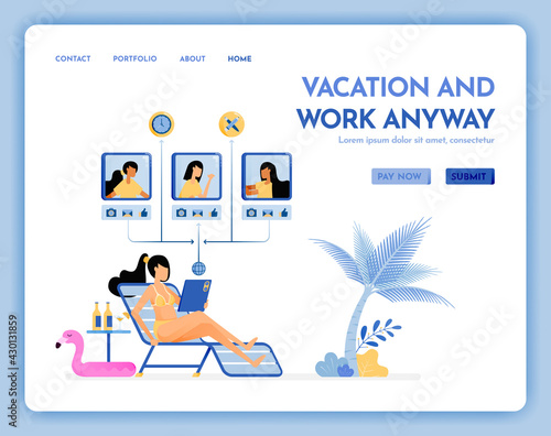 travel website with the theme of vacation and work anyway. virtual meeting on beach with internet service on vacation. Vector design can be used for poster, banner, ads, website, web, marketing, flyer