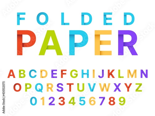 Paper folding alphabet. Origami style color english language font, craft letters and numbers, decorative modern typography papercraft symbols. Creative trendy typeface vector isolated set