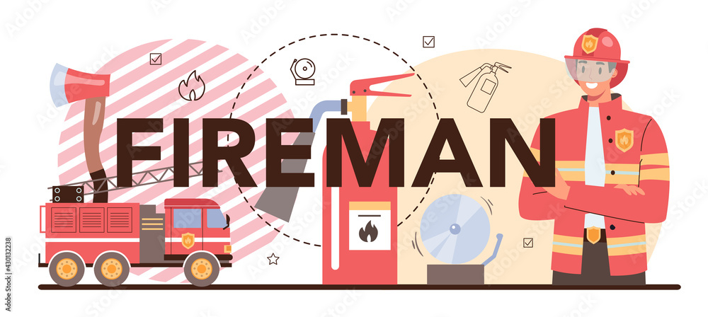 Fototapeta premium Fireman typographic header. Professional fire brigade fighting with flame.