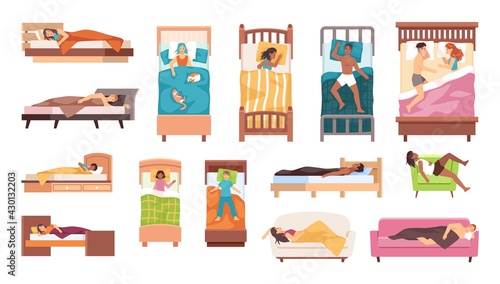 People sleep. Men women and kids asleep beds different poses, hugging with pillow, insomnia and healthy dream, human recovery and recreation. Top and side view vector cartoon isolated set