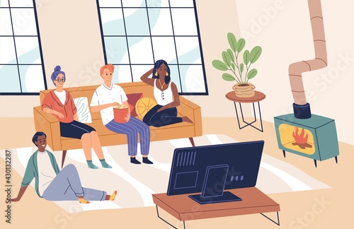 People watch tv. Friends together in living room look movies and eat popcorn, sofa sitting, young men and women group at home. Happy boys and girls indoors pastime. Vector cartoon concept