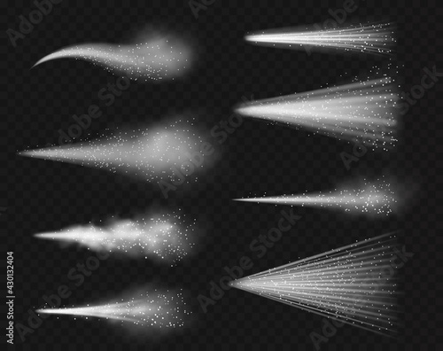 Airy water spray. Realistic mist jet little water particles flying, mist droplets in air, atomizer effect, fog stream discharge. Perfume or deodorant pulverizer vector isolated set
