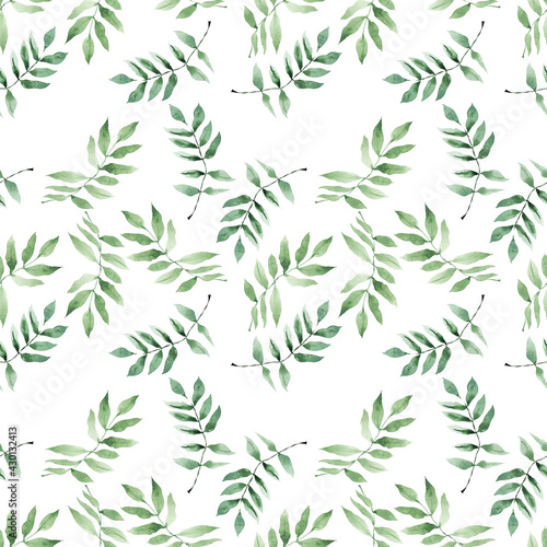 Watercolor seamless pattern with lemons  green branches and abstract spots