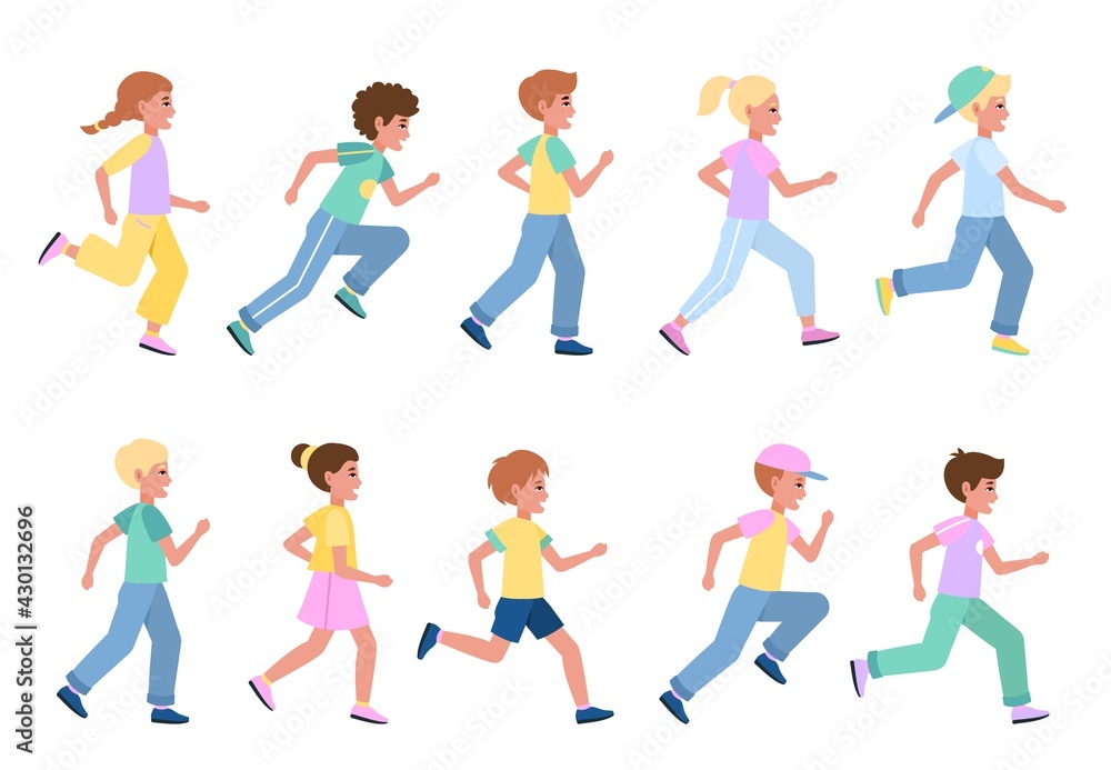 Running kids set. Young happy runners side view collection, children sport activities, athlete boys and girls participate in marathon, healthy lifestyle. Vector flat cartoon concept
