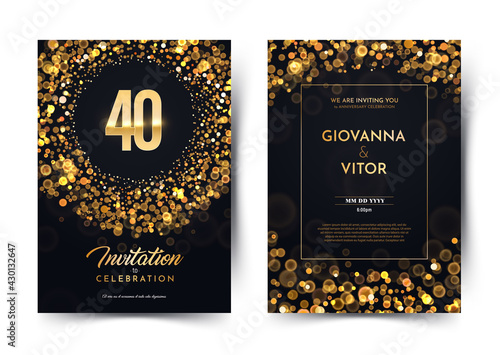 40th years birthday vector black paper luxury invitation double card. Fourty years wedding anniversary celebration brochure. Template of invitational for print dark background with bokeh lights.