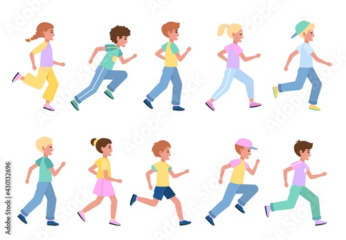 Running kids set. Young happy runners side view collection, children sport activities, athlete boys and girls participate in marathon, healthy lifestyle. Vector flat cartoon concept