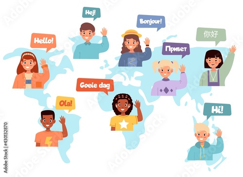 Multilingual communication. International friendship, world map multi ethnic children tags, kids say hello different languages and waving hands smiling happy boys and girls vector concept