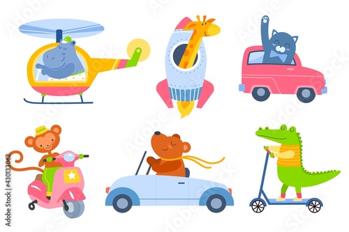 Animal transport. Cartoon kids zoo characters in different vehicles, cute fauna drivers in helicopter, rocket, ride scooter and car. Funny mammals travellers. Vector cartoon isolated set