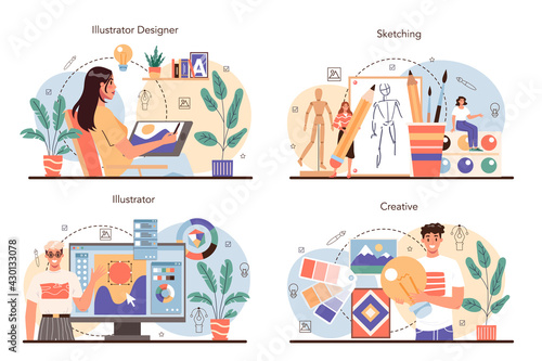 Illustration designer set. Artist drawing picture for book and magazines