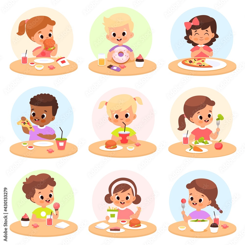 Children eat. Happy kids have lunch separate tables, personal place cafeteria, hungry boys and girls take healthy and fast food, pizza, hamburger and vegetables at school breakfast vector set Children eat. Happy kids have lunch separate tables, personal place cafeteria, hungry boys and girls take healthy and fast food, pizza, hamburger and vegetables at school breakfast vector set