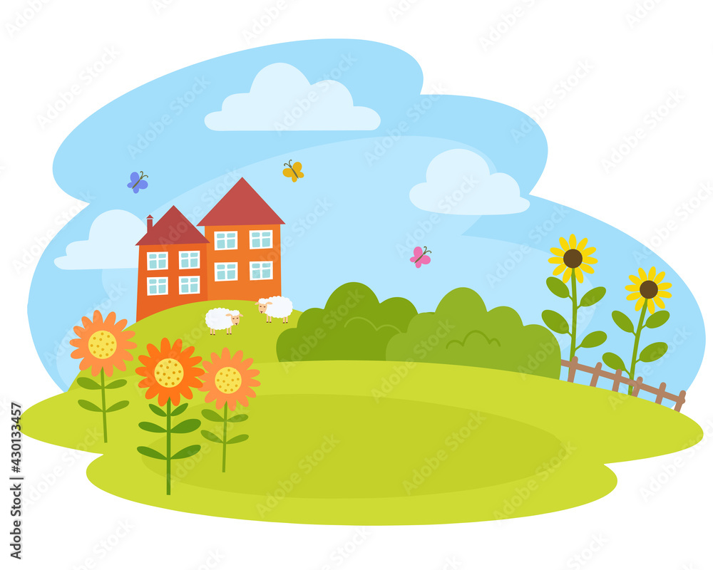 Village illustration with small houses in summer. Simple clean design. Each building isolated, so can be moved. Village illustration with small houses in summer. Simple clean design. Each building isolated, so can be moved.