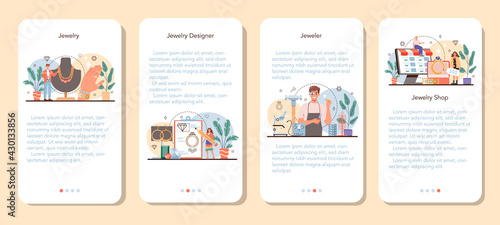 Jeweler mobile application banner set. Goldsmith examining