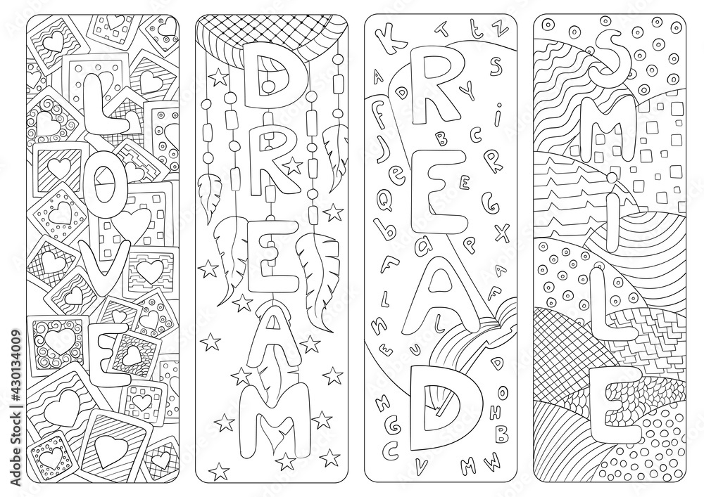 Set of four bookmarks for coloring with love, dream, read and smile words.