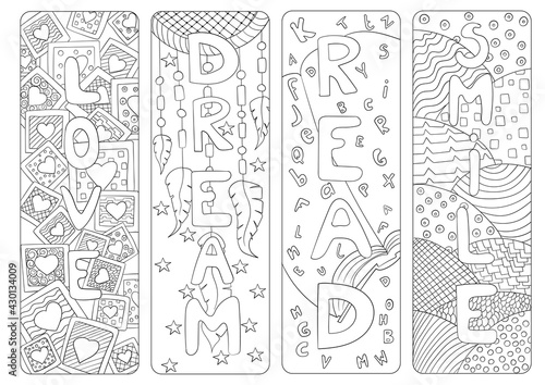 Set of four bookmarks for coloring with love, dream, read and smile words.