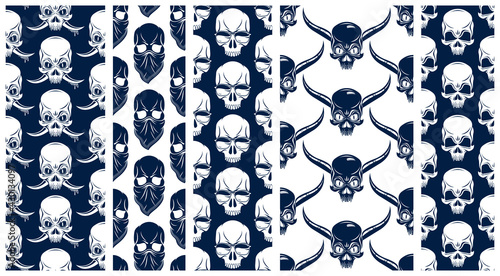 Black skulls seamless vector background set, endless pattern with horror death sculls, stylish wallpaper of hard rock culture music fashion theme, gothic image collection.