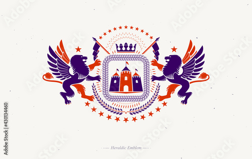Heraldic coat of arms decorative emblem composed using medieval castle, mythic griffon and imperial crown.