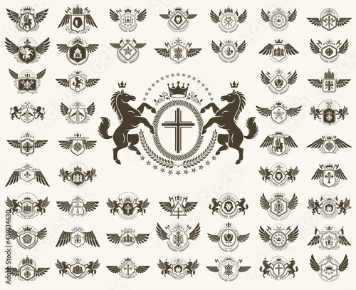 Classic style emblems big set, ancient heraldic symbols awards and labels collection, classical heraldry design elements, family or business emblems.