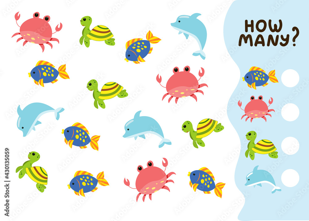 Counting game for preschool kids. Educational math game. Count how many marine mammals there are and write down the result. Vector illustration in cartoon style