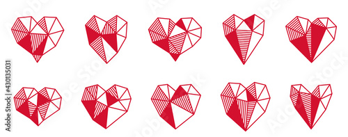 Low poly geometric hearts vector icons or logos set, graphic design 3d love theme elements, polygonal dimensional hearts.
