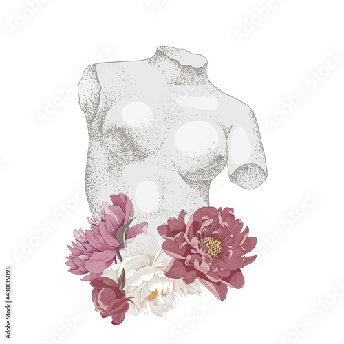 Antique sculpture Venus with peonies flowers