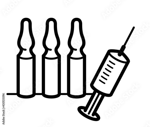 Vaccination theme vector illustration of a syringe with ampules isolated over white, epidemic or pandemic coronavirus covid 19 or flu or SARS or any other vaccine, pharmacology concept.