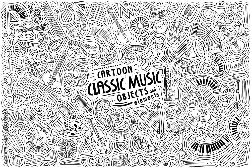 Fototapeta premium Cartoon set of Classic Music theme items, objects and symbols