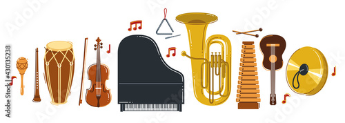 Classical music instruments composition vector flat style illustration isolated on white, classic orchestra acoustic sound, concert or festival live sound.