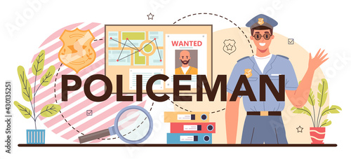Policeman typographic header. Detective making interrogation. Police officer