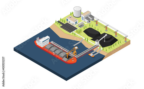 the coal ship unloading coal to the coal yard with isometric graphic