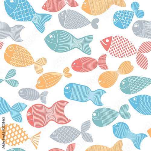 Funny cartoon fishes vector seamless background, cute childish pattern for children textile or wrapping paper or packaging for seafood products.