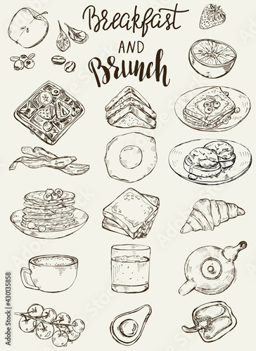 Set of traditional breakfast dishes, bakery and drinks.