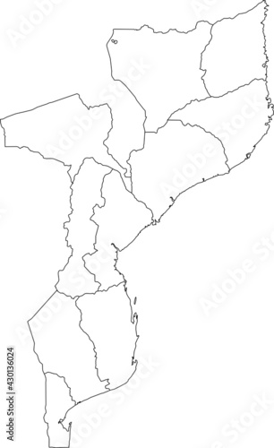 White vector map of the Republic of Mozambique with black borders of its provinces