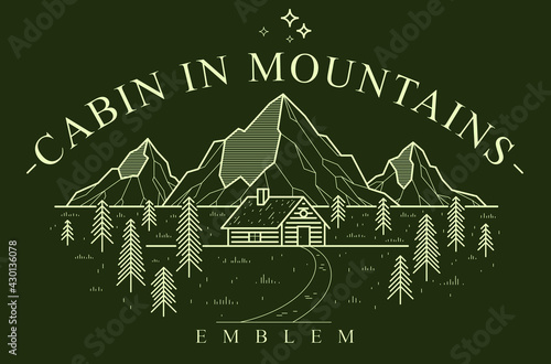 Log cabin wooden house in pine forest over mountain range vector nature emblem on dark, cottage woodhouse for rest in pine forest, holidays and vacations theme line art drawing logo.