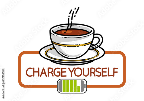 Cup of coffee with battery accumulator sign vector illustration or icon isolated on white, charge yourself concept, wakeup in morning, break in work during a day.