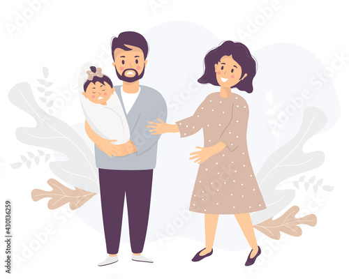 Family life and emotions concept. A sad man holds a crying baby in his arms. Nearby, a woman smiles and comforts. Vector illustration. Light-skinned family with newborn daughter, stressful situation