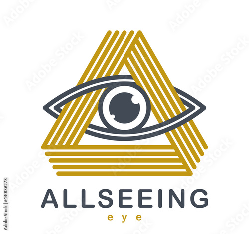 All seeing eye in triangle pyramid vector ancient symbol in modern linear style isolated on white, eye of god, masonic sign, secret knowledge illuminati.