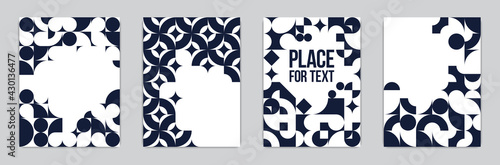 Backgrounds and cover templates vector set, abstract geometric designs, black and white compositions with copy spaces for text, complex modern art layout.