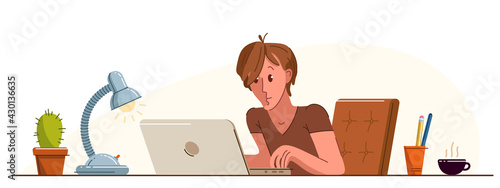 Young man office worker pensive concentrated on her work vector flat illustration isolated, serious attentive worker seriously thinking on a project, comfortable workplace.