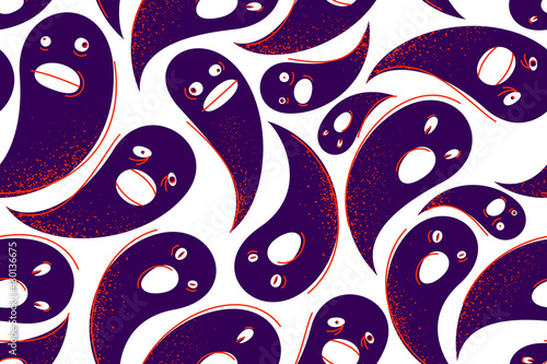 Ghosts seamless textile pattern, endless texture with horror funny cartoon Halloween theme, wallpaper background spooky spirits with scary faces.