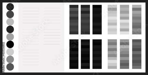 Grey light and dark swatches for writing note paper big set vector. Lined notepad blanks set grey tones. Contrast grey color scheme from light to dark grey for design projects. Gray collection palette